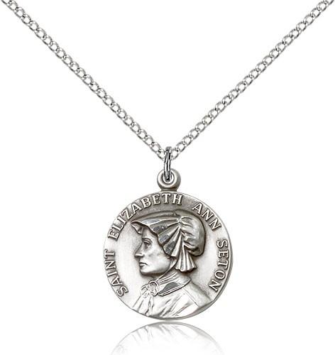 St. Elizabeth Ann Seton Medal, Sterling Silver - 18&quot; 1.2mm Sterling Silver Chain + Clasp