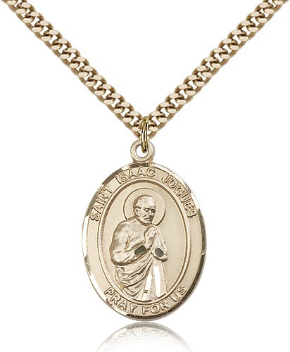St. Isaac Jogues Medal, Gold Filled, Large - 24&quot; 2.4mm Gold Plated Chain + Clasp