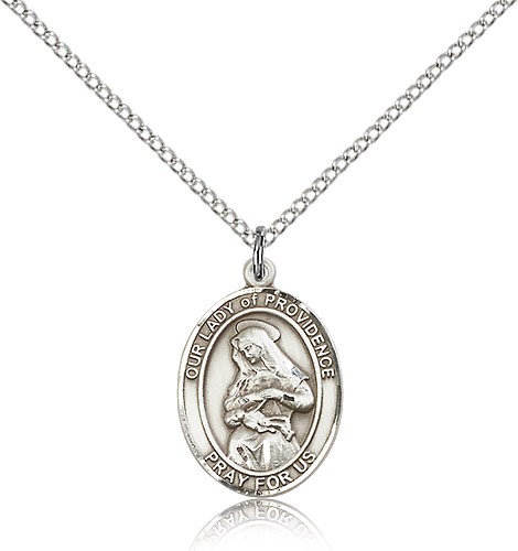 Our Lady of Providence Medal, Sterling Silver, Medium - 18&quot; 1.2mm Sterling Silver Chain + Clasp