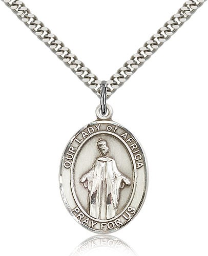 Our Lady of Africa Medal, Sterling Silver, Large - 24&quot; 2.4mm Rhodium Plate Chain + Clasp