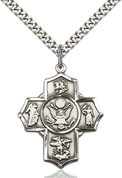 5 Way Cross Army Medal, Sterling Silver - 24&quot; 2.4mm Rhodium Plate Endless Chain