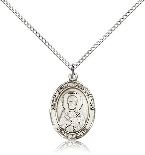 St. John Chrysostom Medal, Sterling Silver, Medium - 18&quot; 1.2mm Sterling Silver Chain + Clasp