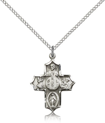 4 Way Cross Pendant, Sterling Silver - 18&quot; 1.2mm Sterling Silver Chain + Clasp