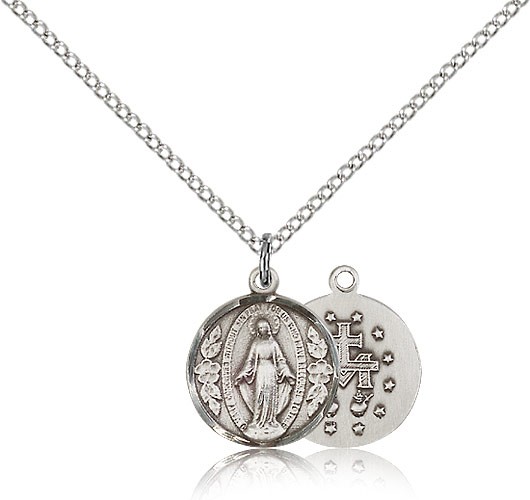 Miraculous Medal, Sterling Silver - 18&quot; 1.2mm Sterling Silver Chain + Clasp