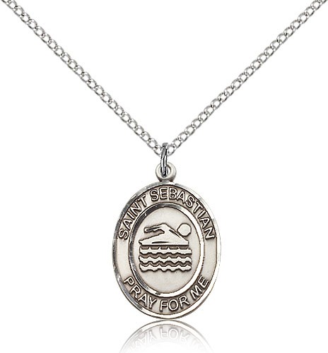 St. Sebastian Swimming Medal, Sterling Silver, Medium - 18&quot; 1.2mm Sterling Silver Chain + Clasp