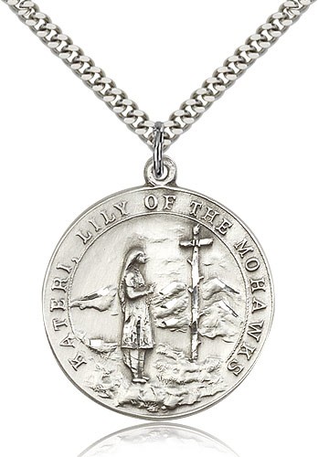 St. Kateri Medal, Sterling Silver - 24&quot; 2.4mm Rhodium Plate Endless Chain