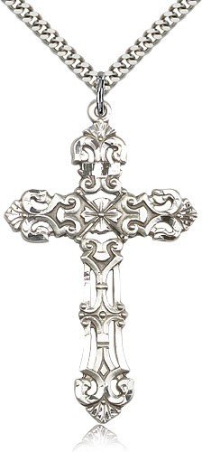 Cross Pendant, Sterling Silver - 24&quot; 2.4mm Rhodium Plate Endless Chain