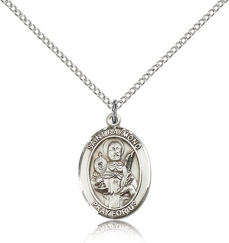 St. Raymond Nonnatus Medal, Sterling Silver, Medium - 18&quot; 1.2mm Sterling Silver Chain + Clasp