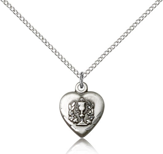 Heart Communion Medal, Sterling Silver - 18&quot; 1.2mm Sterling Silver Chain + Clasp
