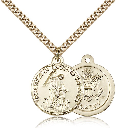 Army Guardian Angel Medal, Gold Filled - 24&quot; 2.4mm Gold Plated Endless Chain