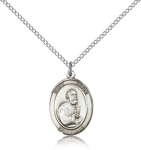 St. Peter the Apostle Medal, Sterling Silver, Medium - 18&quot; 1.2mm Sterling Silver Chain + Clasp