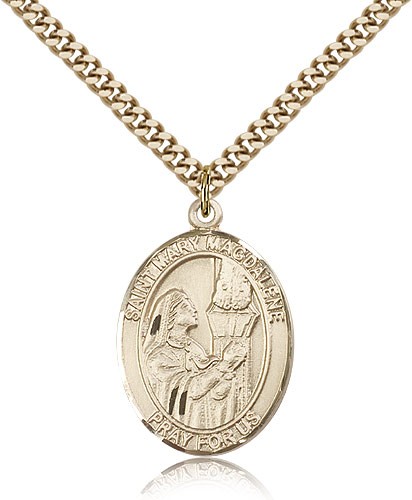 St. Mary Magdalene Medal, Gold Filled, Large - 24&quot; 2.4mm Gold Plated Chain + Clasp