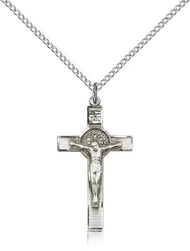 Women's Sterling Silver St. Benedict Crucifix Pendant - 18&quot; 1.2mm Sterling Silver Chain + Clasp