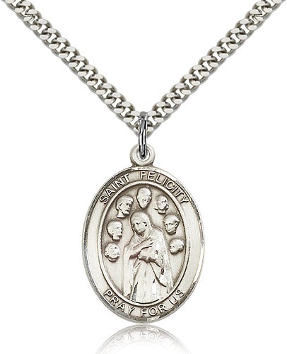 St. Felicity Medal, Sterling Silver, Large - 24&quot; 2.4mm Rhodium Plate Chain + Clasp