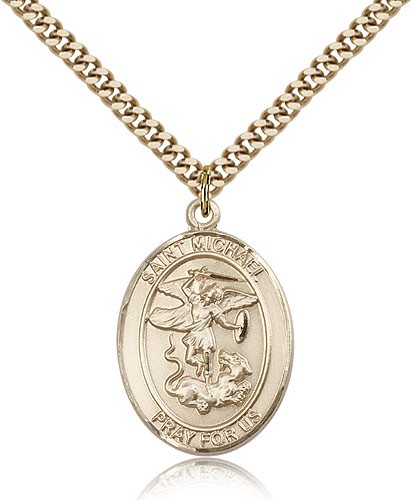 St. Michael the Archangel Medal, Gold Filled, Large - 24&quot; 2.4mm Gold Plated Chain + Clasp