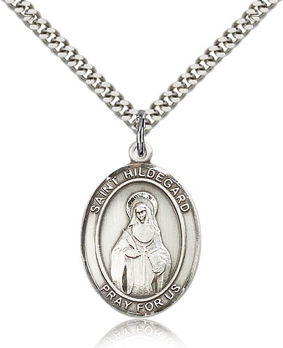 St. Hildegard Von Bingen Medal, Sterling Silver, Large - 24&quot; 2.4mm Rhodium Plate Chain + Clasp