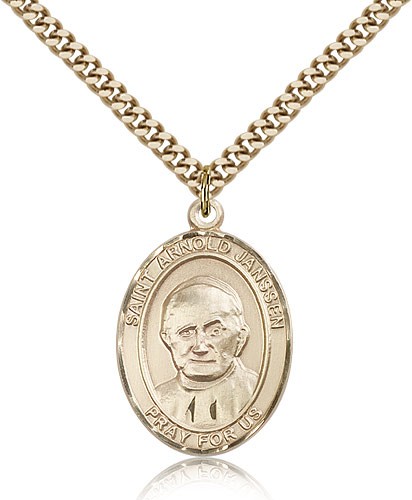 St. Arnold Janssen Medal, Gold Filled, Large - 24&quot; 2.4mm Gold Plated Chain + Clasp