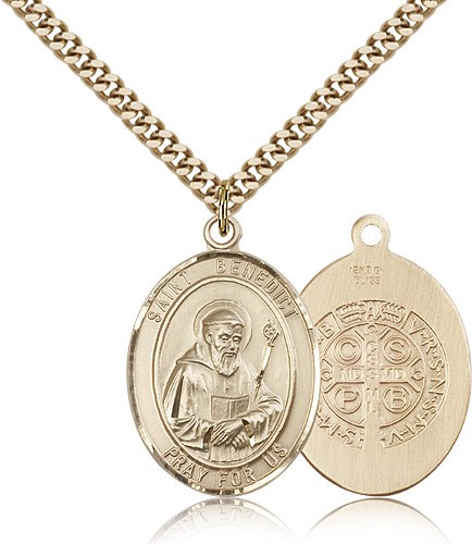 St. Benedict Medal, Gold Filled, Large - 24&quot; 2.4mm Gold Plated Chain + Clasp