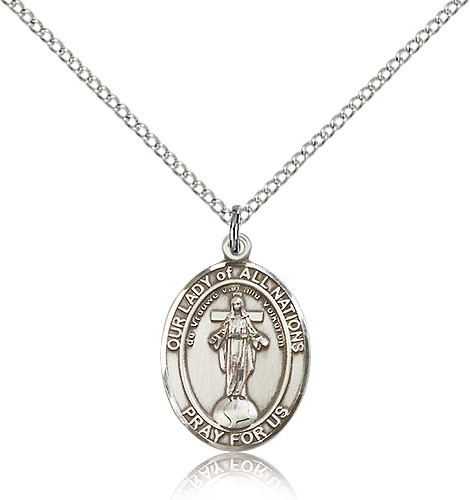Our Lady of All Nations Medal, Sterling Silver, Medium - 18&quot; 1.2mm Sterling Silver Chain + Clasp