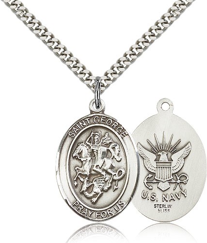 St. George Navy Medal, Sterling Silver, Large - 24&quot; 2.4mm Rhodium Plate Chain + Clasp