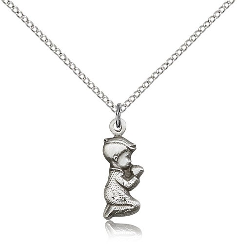 Praying Boy Medal, Sterling Silver - 18&quot; 1.2mm Sterling Silver Chain + Clasp