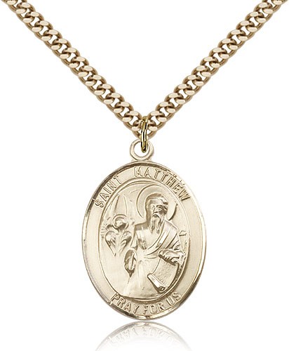 St. Matthew the Apostle Medal, Gold Filled, Large - 24&quot; 2.4mm Gold Plated Chain + Clasp