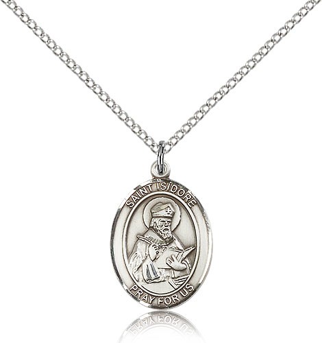 St. Isidore of Seville Medal, Sterling Silver, Medium - 18&quot; 1.2mm Sterling Silver Chain + Clasp