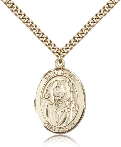 St. David of Wales Medal, Gold Filled, Large - 24&quot; 2.4mm Gold Plated Chain + Clasp