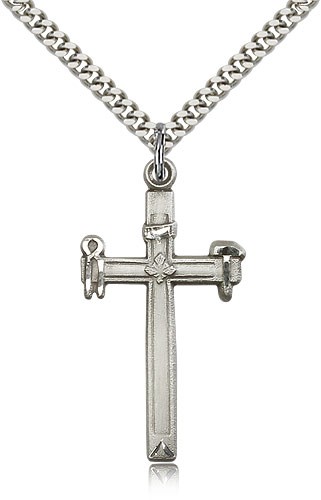 Carpenter Cross Pendant, Sterling Silver - 24&quot; 2.4mm Rhodium Plate Endless Chain