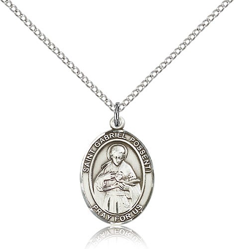 St. Gabriel Possenti Medal, Sterling Silver, Medium - 18&quot; 1.2mm Sterling Silver Chain + Clasp