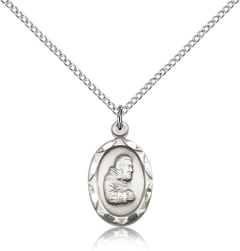 St. Pio of Pietrelcina Medal, Sterling Silver - 18&quot; 1.2mm Sterling Silver Chain + Clasp