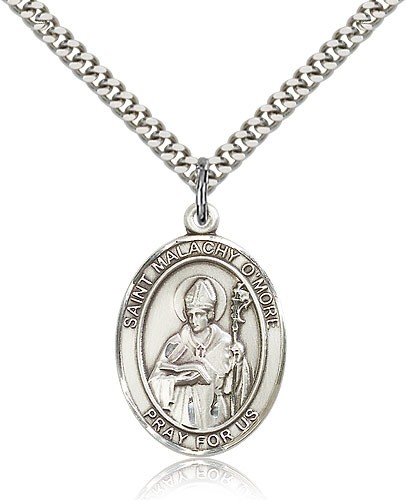 St. Malachy O'more Medal, Sterling Silver, Large - 24&quot; 2.4mm Rhodium Plate Chain + Clasp