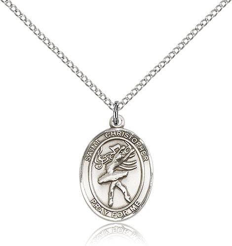 St Christopher Dance Medal, Sterling Silver, Medium - 18&quot; 1.2mm Sterling Silver Chain + Clasp