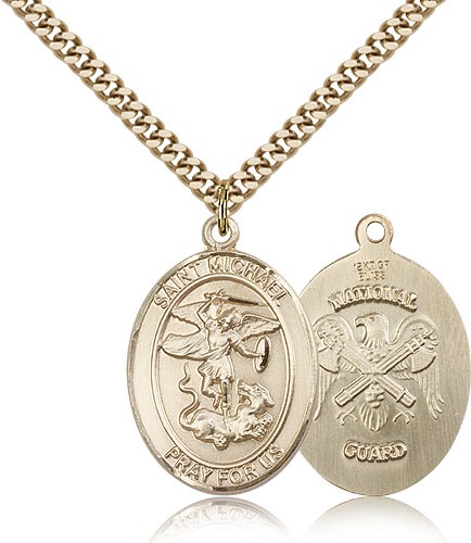 St. Michael National Guard Medal, Gold Filled, Large - 24&quot; 2.4mm Gold Plated Chain + Clasp