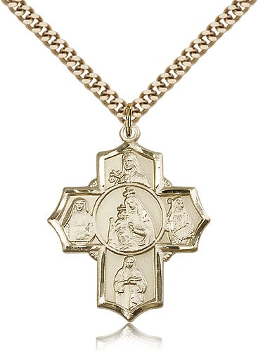 Mt Carmel 4 Way Cross Pendant, Gold Filled - 24&quot; 2.4mm Gold Plated Endless Chain