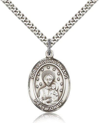 Our Lady of La Vang Medal, Sterling Silver, Large - 24&quot; 2.4mm Rhodium Plate Chain + Clasp