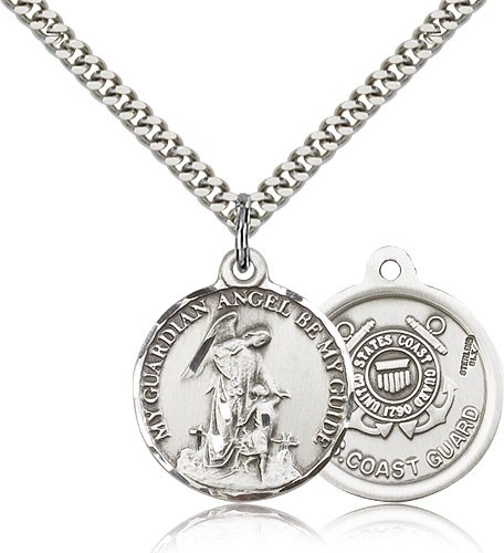 Coast Guard Guardain Angel Medal, Sterling Silver - 24&quot; 2.4mm Rhodium Plate Endless Chain