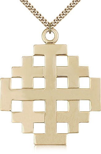 Jerusalem Cross Pendant, Gold Filled - 24&quot; 2.4mm Gold Plated Endless Chain