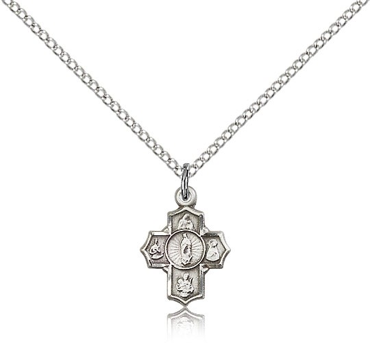 5 Way Cross Motherhood Medal, Sterling Silver - 18&quot; 1.2mm Sterling Silver Chain + Clasp