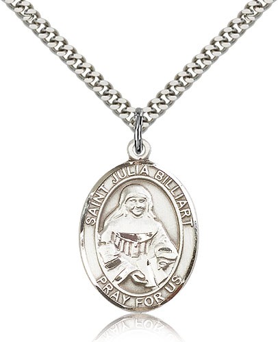 St. Julia Billiart Medal, Sterling Silver, Large - 24&quot; 2.4mm Rhodium Plate Chain + Clasp