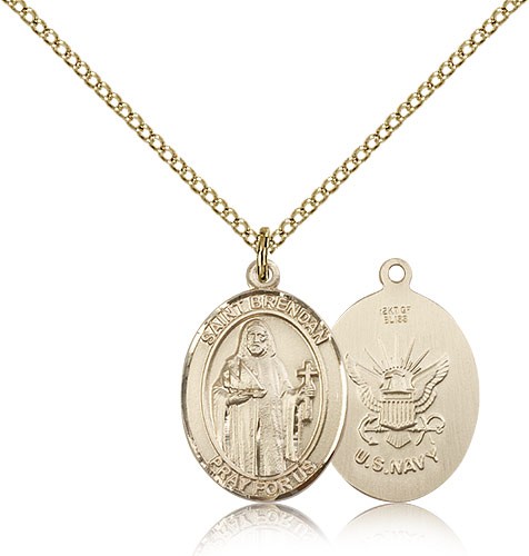 St. Brendan the Navigator/ Navy Medal, Gold Filled, Medium - Gold-tone