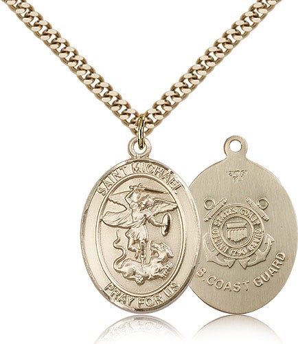 St. Michael Coast Guard Medal, Gold Filled, Large - 24&quot; 2.4mm Gold Plated Chain + Clasp