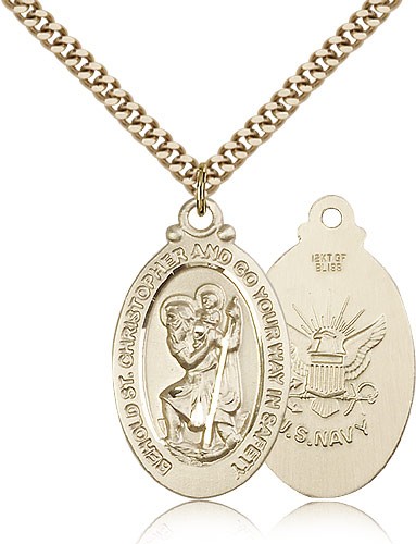 St. Christopher Navy Medal, Gold Filled - 24&quot; 2.4mm Gold Plated Endless Chain