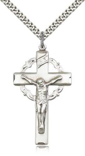 Crucifix Pendant, Sterling Silver - 24&quot; 2.4mm Rhodium Plate Endless Chain