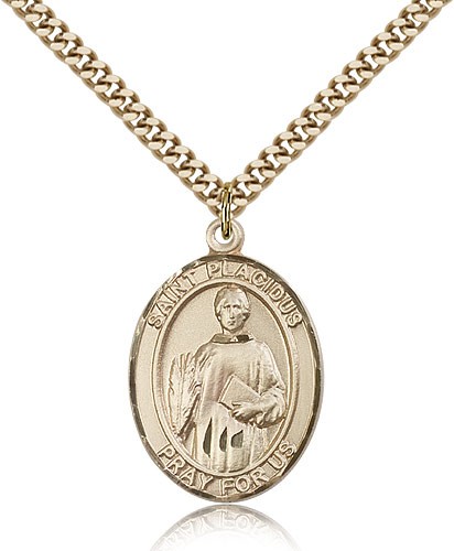 St. Placidus Medal, Gold Filled, Large - 24&quot; 2.4mm Gold Plated Chain + Clasp