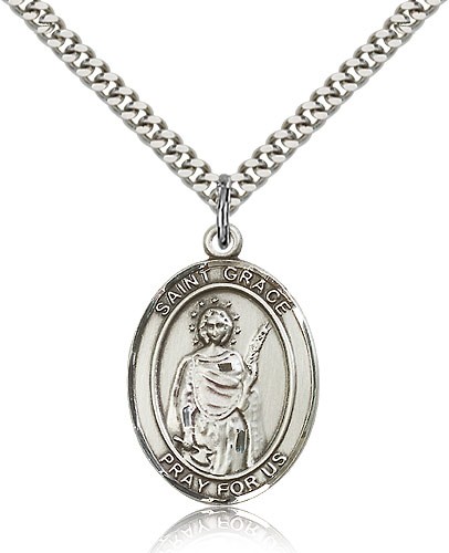 St. Grace Medal, Sterling Silver, Large - 24&quot; 2.4mm Rhodium Plate Chain + Clasp