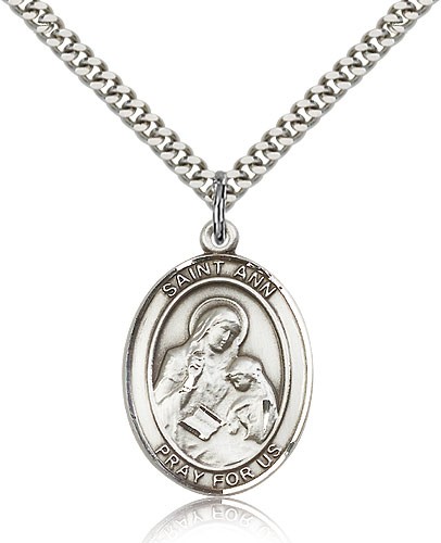 St. Ann Medal, Sterling Silver, Large - 24&quot; 2.4mm Rhodium Plate Chain + Clasp