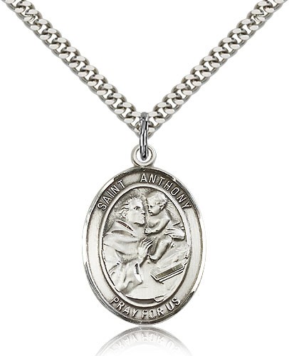 St. Anthony of Padua Medal, Sterling Silver, Large - 24&quot; 2.4mm Rhodium Plate Chain + Clasp