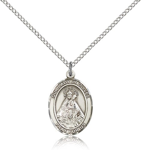 Our Lady of Olives Medal, Sterling Silver, Medium - 18&quot; 1.2mm Sterling Silver Chain + Clasp