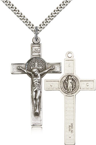 St. Benedict Crucifix Pendant, Sterling Silver - 24&quot; 2.4mm Rhodium Plate Endless Chain